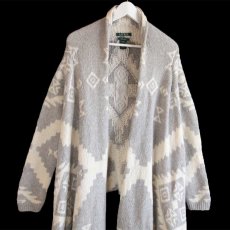 画像1: LAUREN ラルフローレン ネイティブ柄 ショールカラー ラムウール ハンドニット ガウン S/M★カーディガン (1)