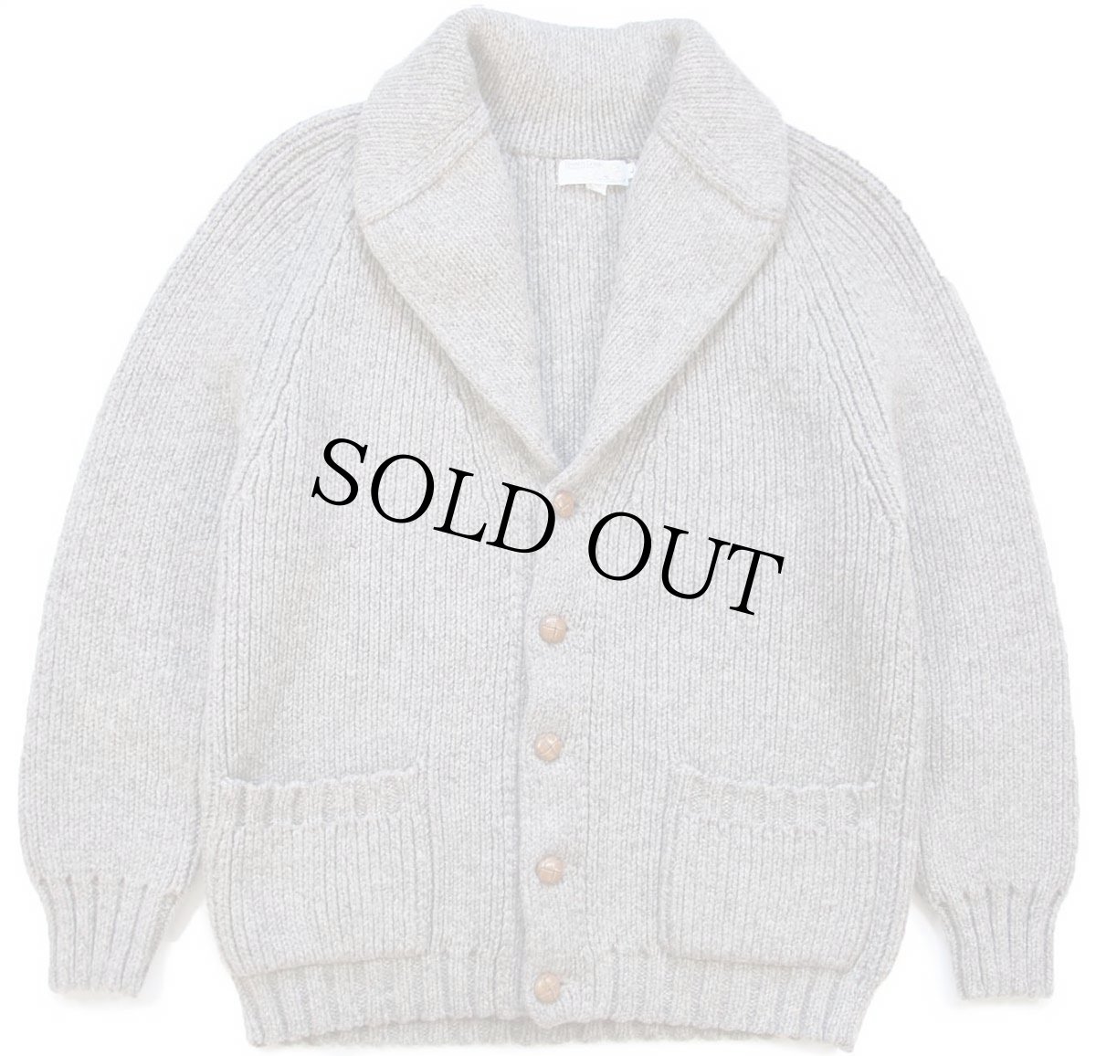 画像2: 80s French Creek ショールカラー パチポケ&エルボーパッチ ローゲージ ウールニット カーディガン グレーベージュ L (2)