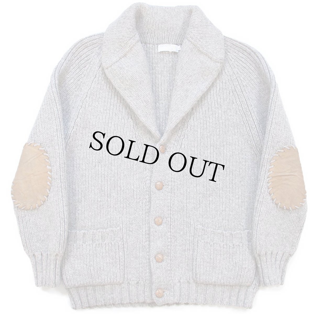 画像1: 80s French Creek ショールカラー パチポケ&エルボーパッチ ローゲージ ウールニット カーディガン グレーベージュ L (1)