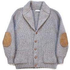 画像1: 80s French Creek ショールカラー パチポケ&エルボーパッチ ローゲージ ウールニット カーディガン グレーベージュ L (1)