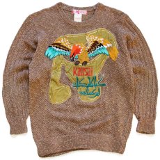 画像1: 80s 日本製 YAMAMOTO KANSAI 山本寛斎 鷲 刺繍&アップリケ リネン×コットンニット セーター ブラウンベージュ M (1)