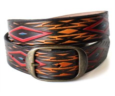 画像1: 新品★USA製 BRACKNEY LEATHER WORKS ネイティブ柄 型押し ペイント レザーベルト ブラック 34 (1)