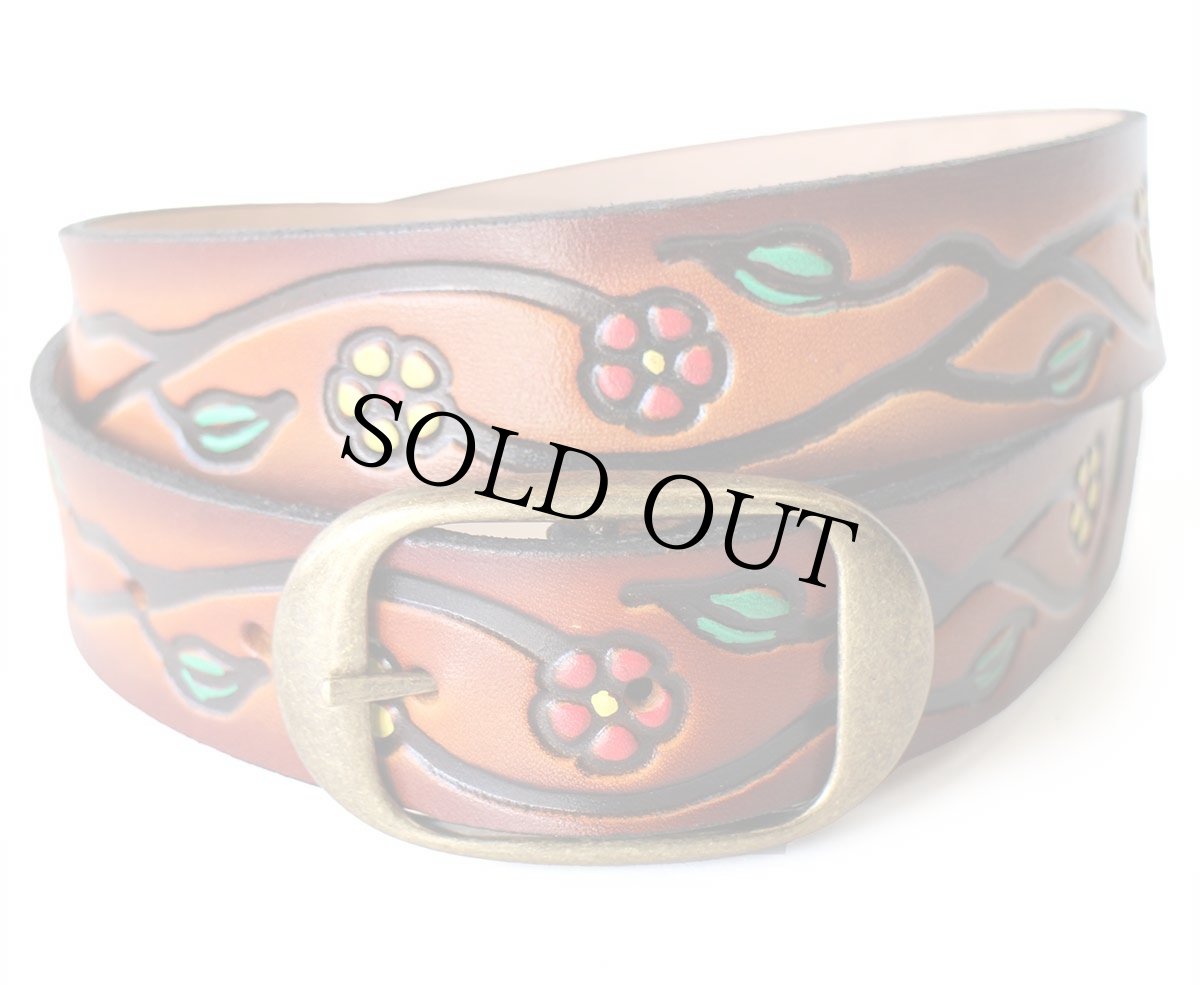 画像1: 新品★USA製 BRACKNEY LEATHER WORKS 小花柄 型押し ペイント レザーベルト ブラウン 34 (1)