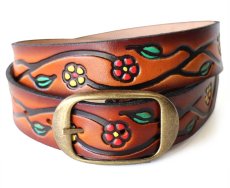 画像1: 新品★USA製 BRACKNEY LEATHER WORKS 小花柄 型押し ペイント レザーベルト ブラウン 34 (1)