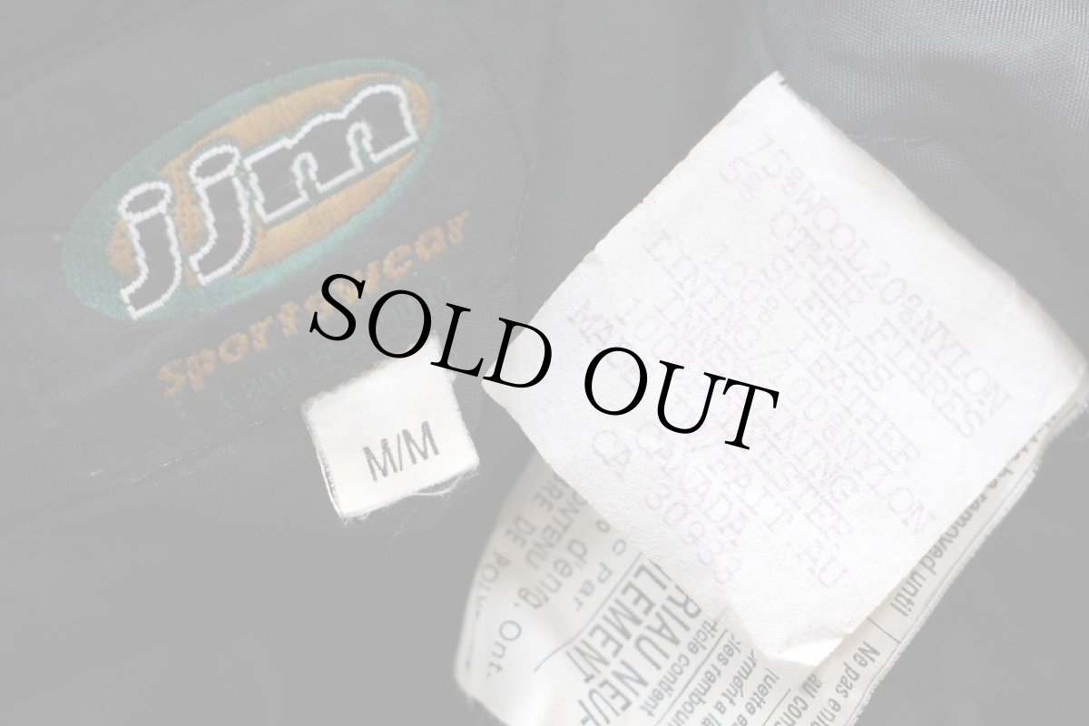 画像4: 90s カナダ製 jjm TULLAMORE ADVANTAGE 刺繍 スタンドカラー キルティングライナー メルトン ウール 袖革スタジャン 黒×紺 (4)