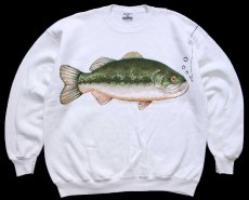 画像1: 90s USA製 Leeリー フィッシュ アップリケ&ハンドペイント アート スウェット 白 XXL★特大 (1)