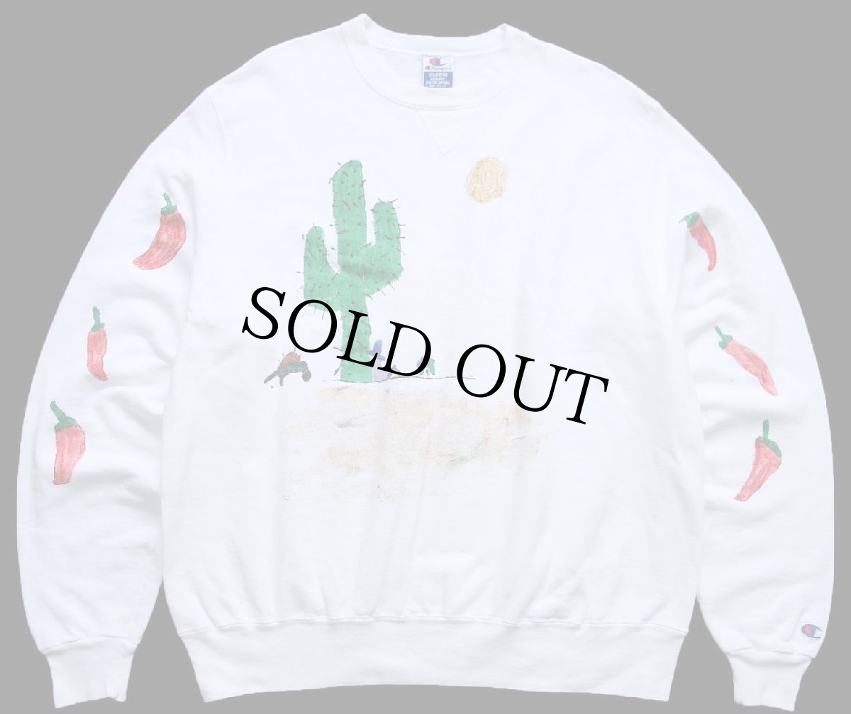 画像1: 90s USA製 Championチャンピオン サボテン ハラペーニョ ハンドペイント アート 前V スウェット 白 XL (1)