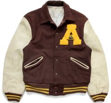 画像1: 60s Varsi-Jac レタードパッチ付き メルトン ウール 袖革スタジャン 焦げ茶×アイボリー (1)