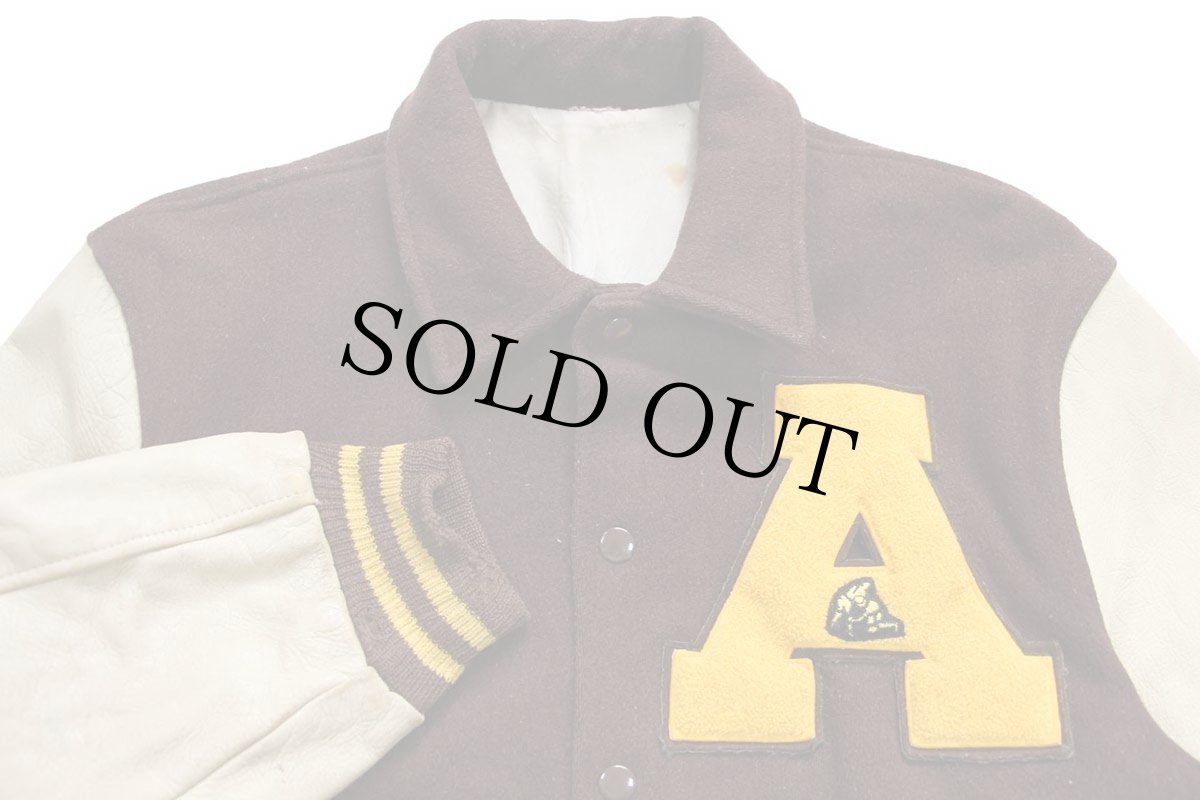 画像3: 60s Varsi-Jac レタードパッチ付き メルトン ウール 袖革スタジャン 焦げ茶×アイボリー (3)