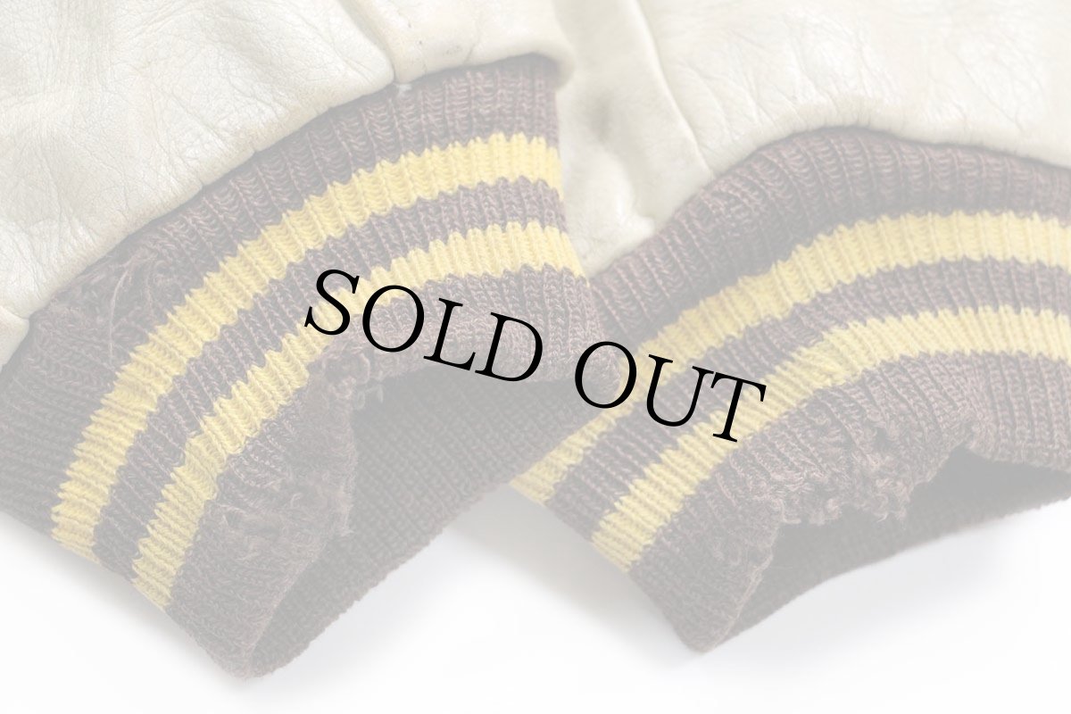 画像8: 60s Varsi-Jac レタードパッチ付き メルトン ウール 袖革スタジャン 焦げ茶×アイボリー (8)