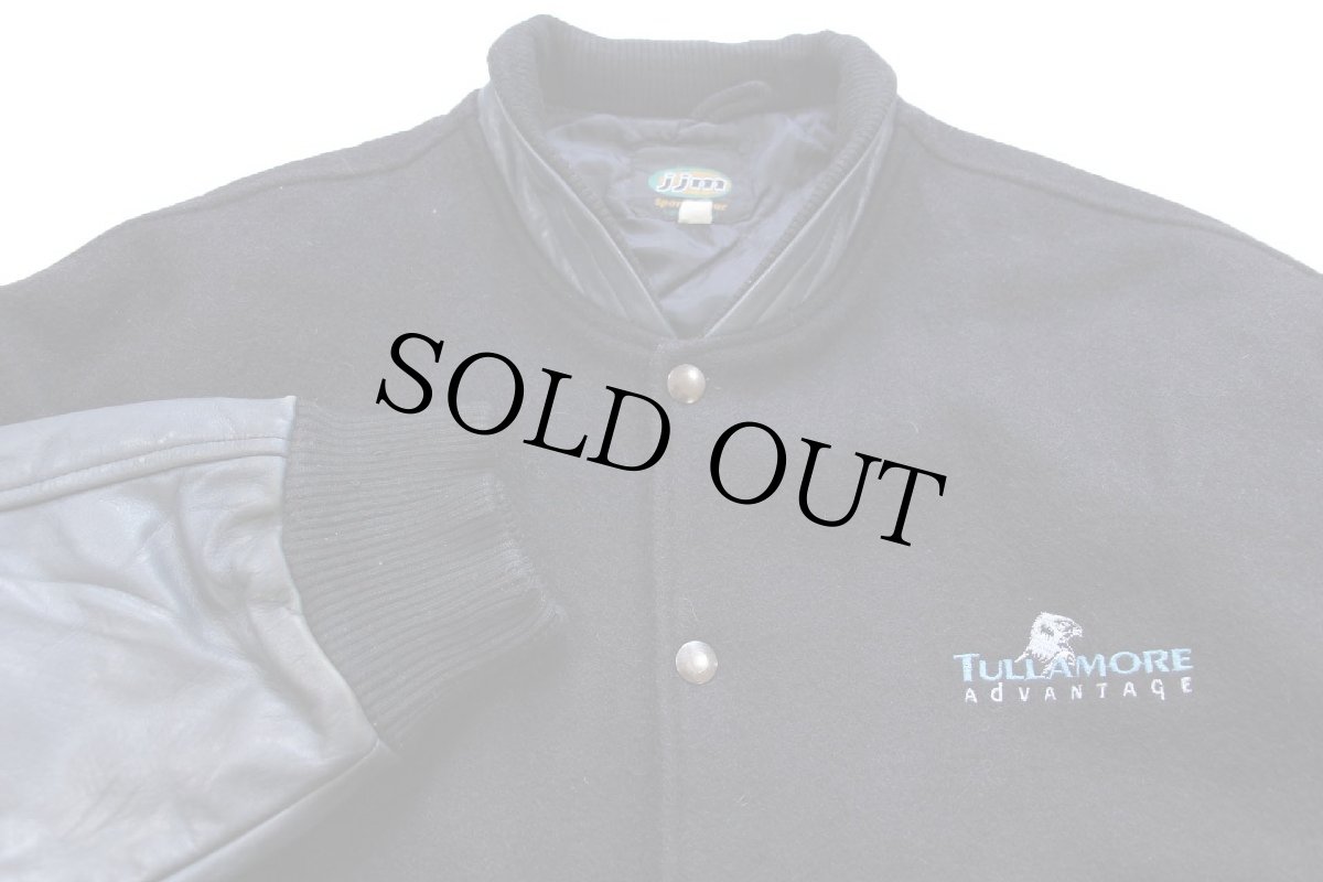 画像3: 90s カナダ製 jjm TULLAMORE ADVANTAGE 刺繍 スタンドカラー キルティングライナー メルトン ウール 袖革スタジャン 黒×紺 (3)