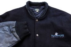 画像3: 90s カナダ製 jjm TULLAMORE ADVANTAGE 刺繍 スタンドカラー キルティングライナー メルトン ウール 袖革スタジャン 黒×紺 (3)