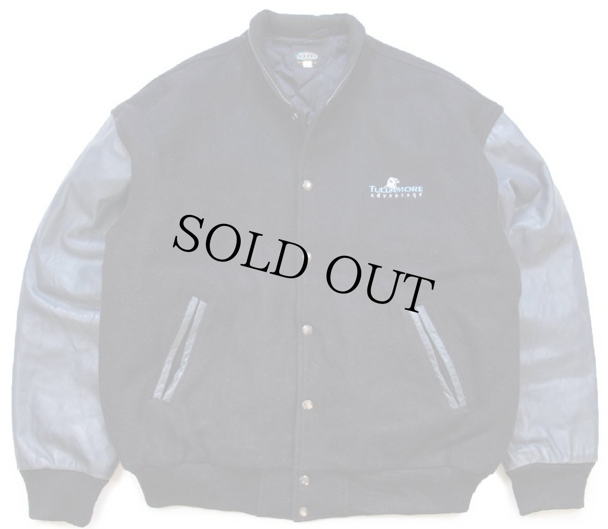 画像1: 90s カナダ製 jjm TULLAMORE ADVANTAGE 刺繍 スタンドカラー キルティングライナー メルトン ウール 袖革スタジャン 黒×紺 (1)