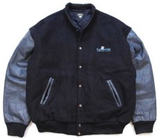 画像1: 90s カナダ製 jjm TULLAMORE ADVANTAGE 刺繍 スタンドカラー キルティングライナー メルトン ウール 袖革スタジャン 黒×紺 (1)