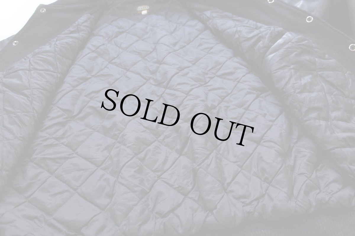 画像5: 90s カナダ製 jjm TULLAMORE ADVANTAGE 刺繍 スタンドカラー キルティングライナー メルトン ウール 袖革スタジャン 黒×紺 (5)