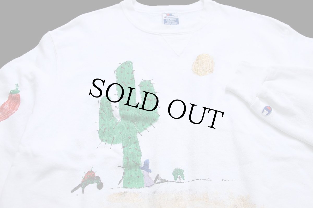 画像3: 90s USA製 Championチャンピオン サボテン ハラペーニョ ハンドペイント アート 前V スウェット 白 XL (3)