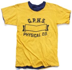 画像1: 70s USA製 Championチャンピオン G.P.H.S. PHYSICAL ED. 染み込みプリント コットン リバーシブルTシャツ 黄×紺 S (1)