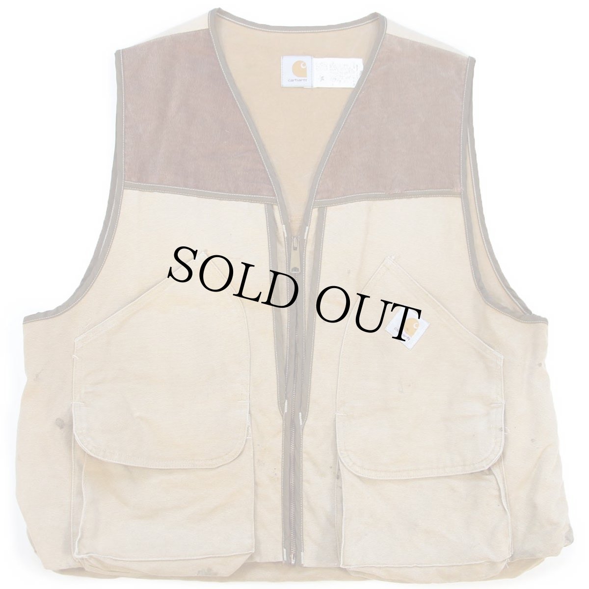 画像1: 90s USA製 carharttカーハート ダック地×コーデュロイ ハンティングベスト 茶 2XL★特大 (1)