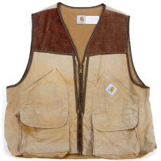画像1: 90s USA製 carharttカーハート ダック地×コーデュロイ ハンティングベスト 茶 2XL★特大 (1)