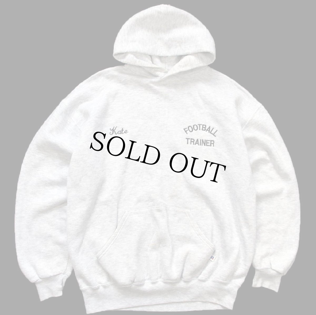 画像1: 90s USA製 RUSSELLラッセル FOOTBALL TRAINER Kate 刺繍 スウェットパーカー 杢ライトグレー XL★フーディー (1)