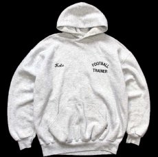 画像1: 90s USA製 RUSSELLラッセル FOOTBALL TRAINER Kate 刺繍 スウェットパーカー 杢ライトグレー XL★フーディー (1)