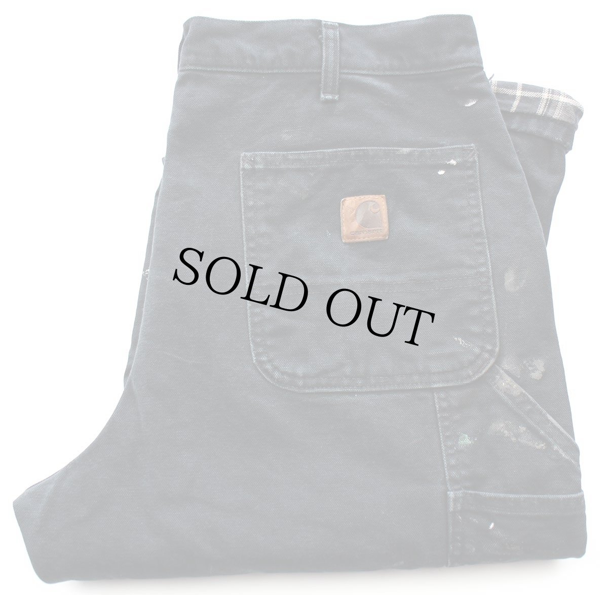 画像1: メキシコ製 carharttカーハート ペンキ飛び チェック ネルライナー ダック地 ペインターパンツ 黒 フェード W36 L32 (1)