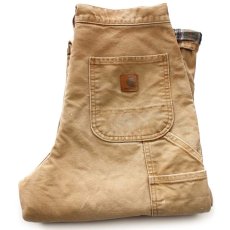 画像1: メキシコ製 carharttカーハート ペンキ飛び＆ダメージ チェック ネルライナー ダック地 ペインターパンツ 茶 フェード W30 L34★ボロ (1)