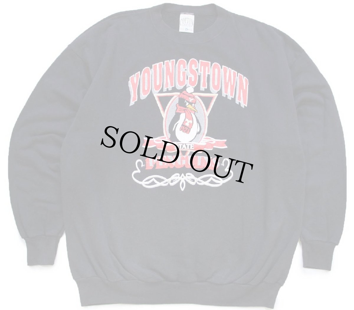 画像1: 90s USA製 YOUNGSTOWN PENGUINS マスコット ひび割れプリント スウェット 黒 XL (1)