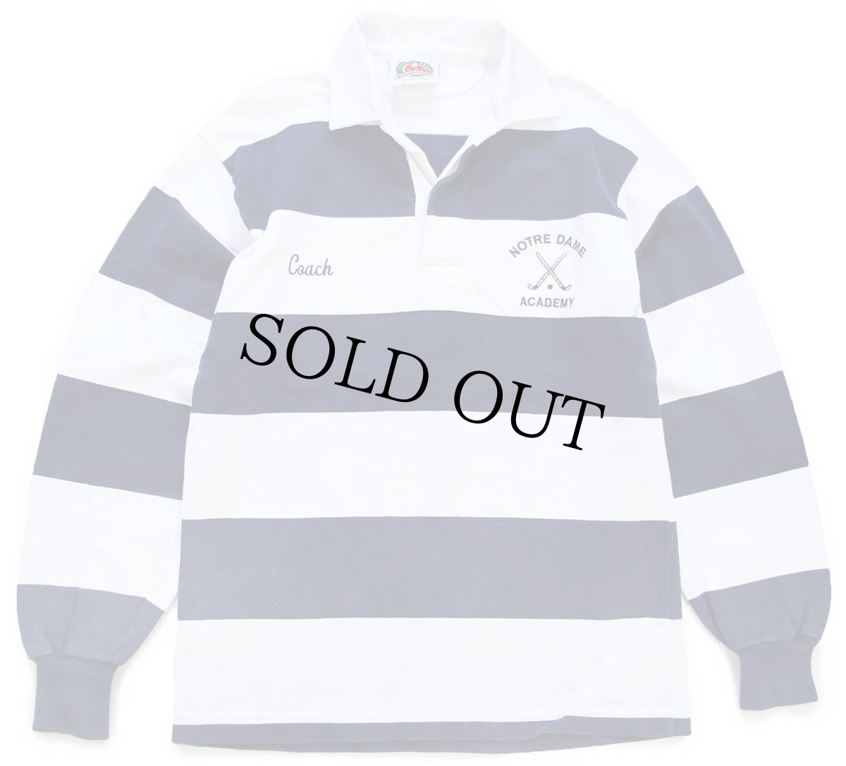 画像1: カナダ製 BARBARIANバーバリアン NOTRE DAME ACADEMY Coach 刺繍 太ボーダー コットン ラガーシャツ 紺×白 S (1)