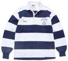 画像1: カナダ製 BARBARIANバーバリアン NOTRE DAME ACADEMY Coach 刺繍 太ボーダー コットン ラガーシャツ 紺×白 S (1)