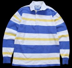 画像1: 90s USA製 LANDS'ENDランズエンド マルチボーダー コットン ラガーシャツ 青×白×黄 M (1)