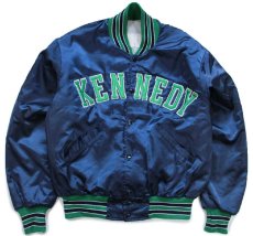 画像1: 80s USA製 DeLONG デロング KENNEDY パッチ付き キルティングライナー ナイロンスタジャン 紺 L (1)