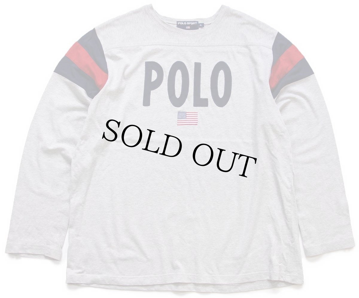 画像1: 90s POLO SPORT ポロ スポーツ ラルフローレン アップリケ 星条旗 刺繍 コットン アスレチックTシャツ 杢グレー XL (1)