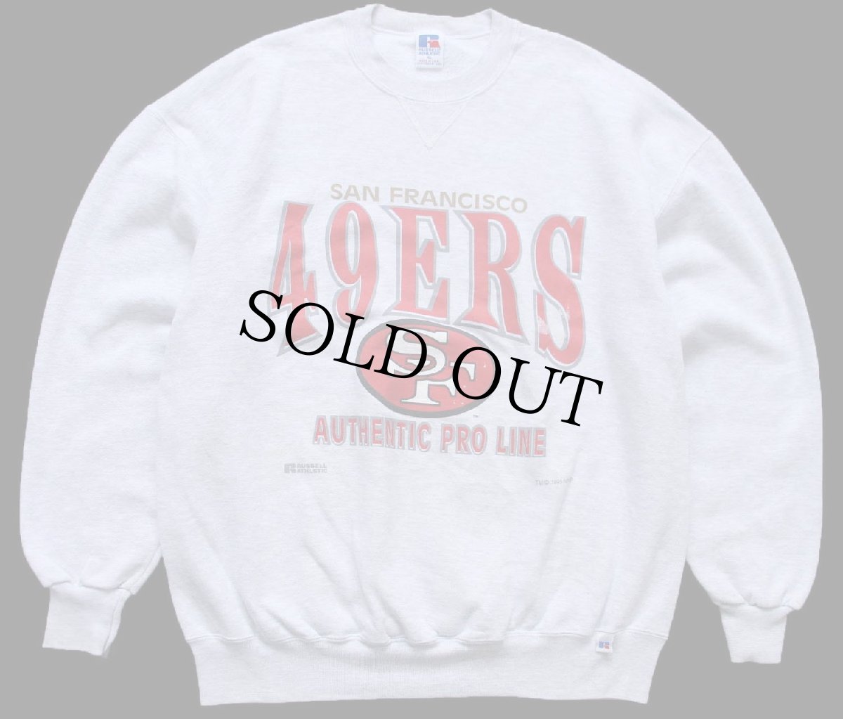 画像1: 90s USA製 RUSSELLラッセル NFL SAN FRANCISCO 49ERS ペンキ飛び 前V スウェット 杢ライトグレー XL (1)