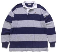 画像1: 80s USA製 L.L.Bean Touchstone Pictures ロゴ刺繍 ボーダー コットン ラガーシャツ 杢グレー×紺 L (1)