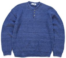 画像1: 90s USA製 BASIC CONCEPTS ヘンリーネック ローゲージ コットンニット セーター インディゴ ミックス L (1)