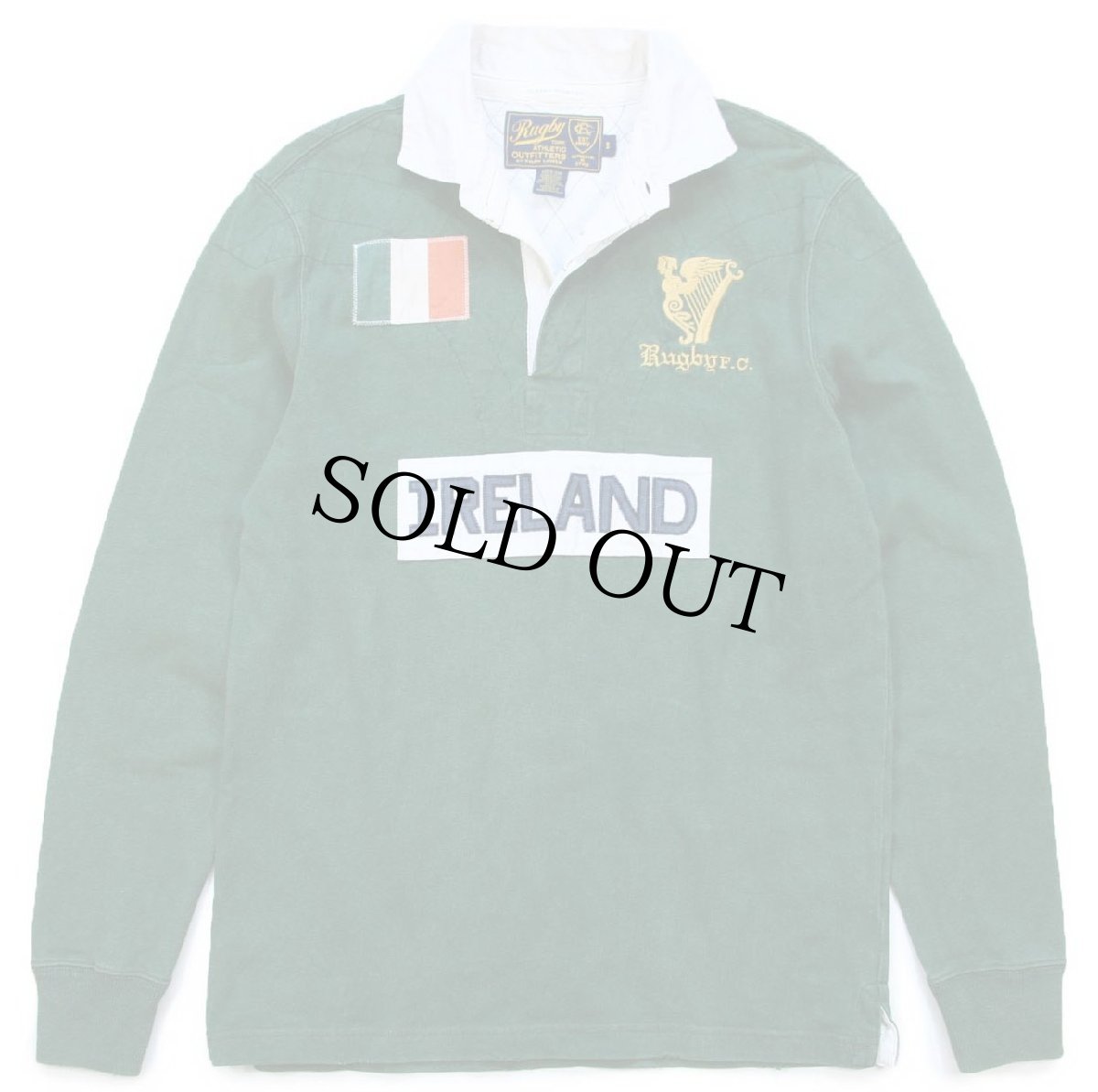 画像1: 00s Rugby ラルフローレン IRELAND 国旗 パッチ&刺繍 ビンテージ加工 コットン ラガーシャツ 緑 フェード S (1)