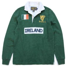 画像1: 00s Rugby ラルフローレン IRELAND 国旗 パッチ&刺繍 ビンテージ加工 コットン ラガーシャツ 緑 フェード S (1)