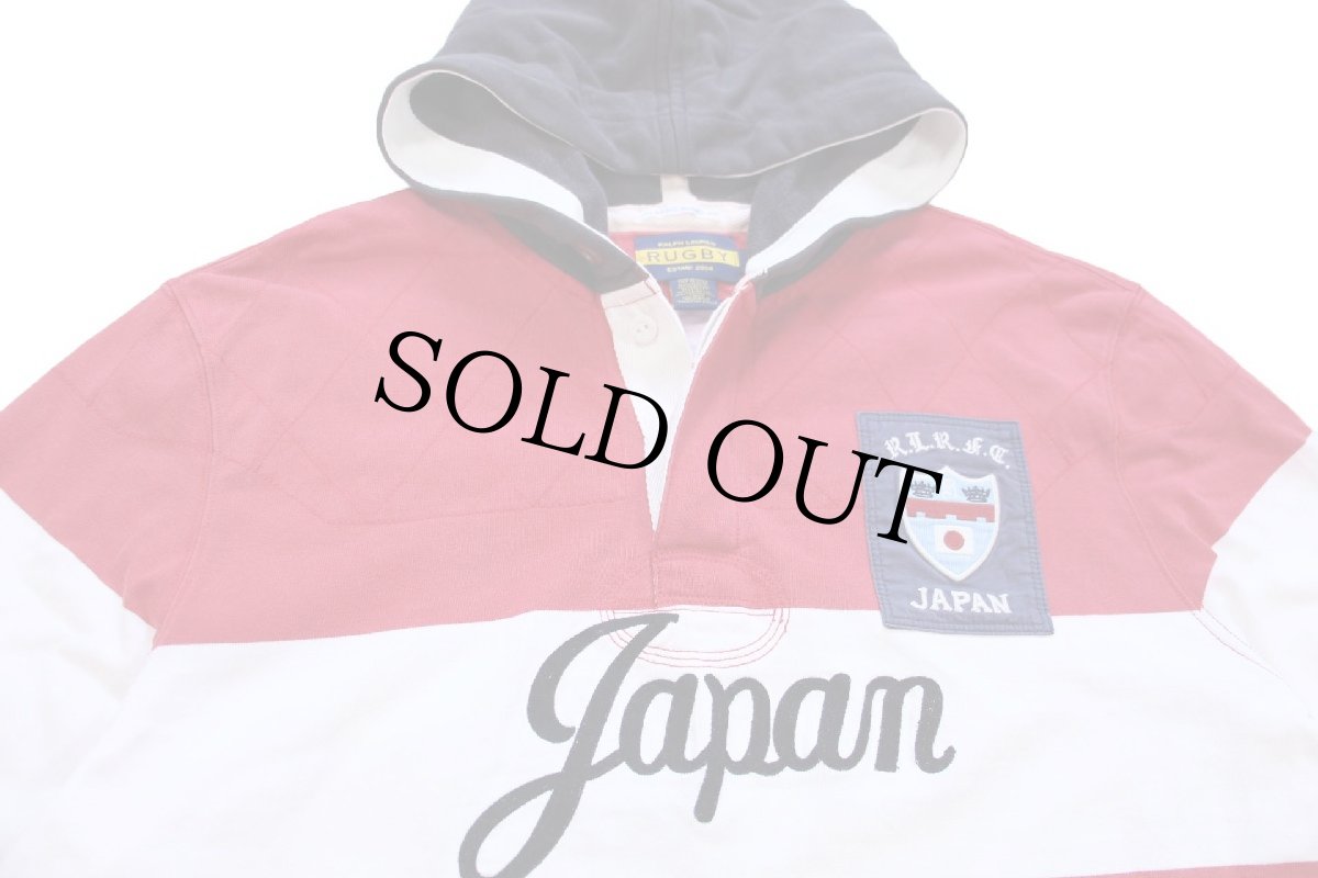 画像3: 00s RUGBY ラルフローレン Japan パッチ&刺繍 13 ナンバリング コットン ラガーシャツ パーカー 赤×白 XL (3)