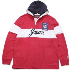 画像1: 00s RUGBY ラルフローレン Japan パッチ&刺繍 13 ナンバリング コットン ラガーシャツ パーカー 赤×白 XL (1)