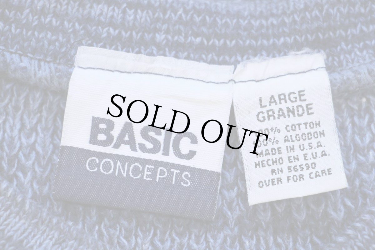 画像4: 90s USA製 BASIC CONCEPTS ヘンリーネック ローゲージ コットンニット セーター インディゴ ミックス L (4)