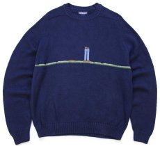 画像1: 90s USA製 LANDS'ENDランズエンド 編み柄 サドルショルダー コットンニット セーター 紺 W-L (1)