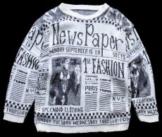 画像1: 80s USA製 NewsPaper ジャガード アクリルニット セーター 白×黒 (1)