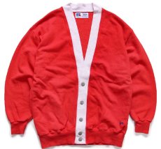 画像1: 90s USA製 RUSSELLラッセル ツートン 切り替え スウェット カーディガン 赤×杢ライトグレー L (1)