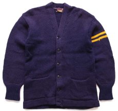 画像1: 50s PRINCETON ローゲージ ウールニット レタードカーディガン ボロ ナス紺 (1)