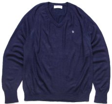 画像1: 80s USA製 Christian Dior ディオール ロゴ刺繍 Vネック シャギー アクリルニット セーター 紺 XL (1)