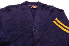 画像3: 50s PRINCETON ローゲージ ウールニット レタードカーディガン ボロ ナス紺 (3)