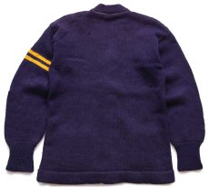 画像2: 50s PRINCETON ローゲージ ウールニット レタードカーディガン ボロ ナス紺 (2)