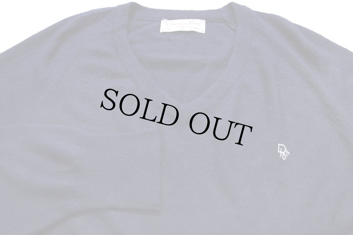 画像3: 80s USA製 Christian Dior ディオール ロゴ刺繍 Vネック シャギー アクリルニット セーター 紺 XL (3)