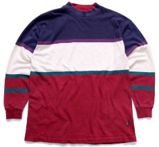 画像1: 90s USA製 Cross Creek マルチカラー 切り替え モックネック コットン 長袖Tシャツ XL (1)